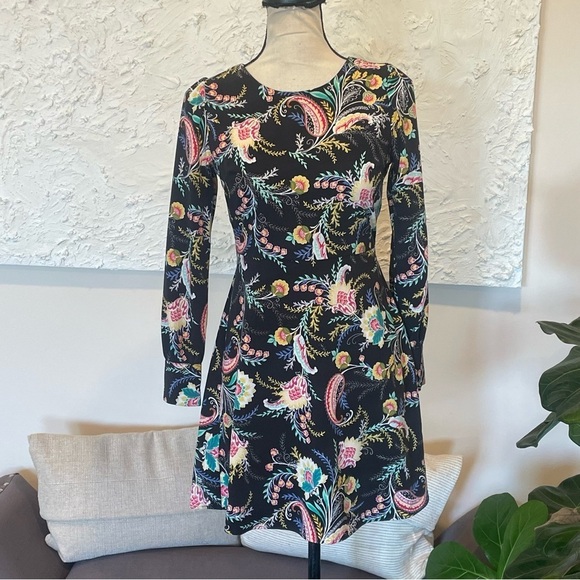 ANN TAYLOR LOFT Multicolor Black Pink Turquoise Long Sleeve Floral Dress Sz 00P - Picture 2 of 10